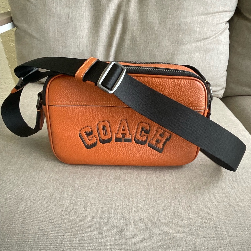COACH Orange Pebbled Leather Belt Bag with Black Strap